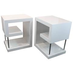 Postmodern Greek Key Design White Lacquered Side Tables/Nightstands