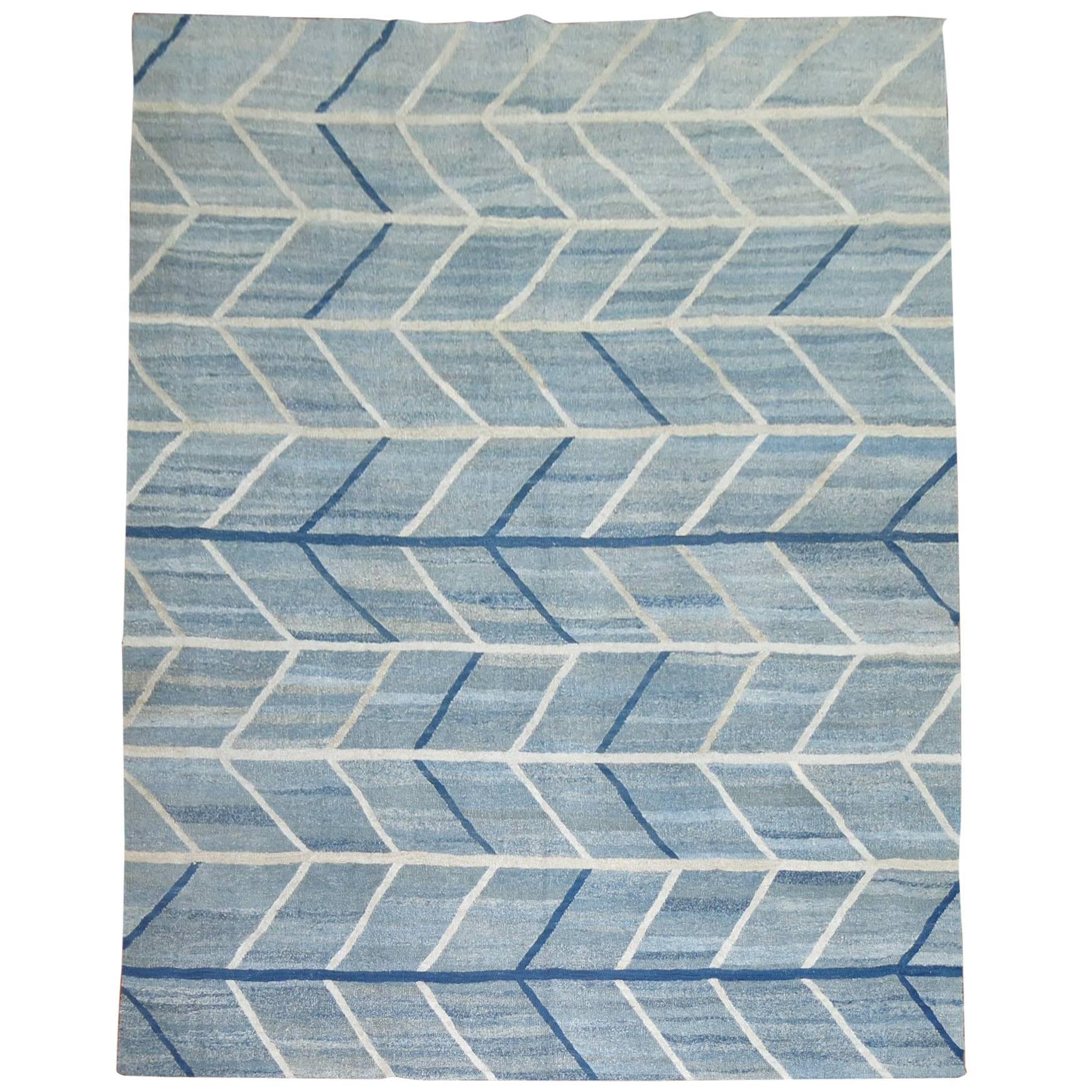 Scandinavian Inspired Turkish Kilim Flat-Weave Rug in Blues