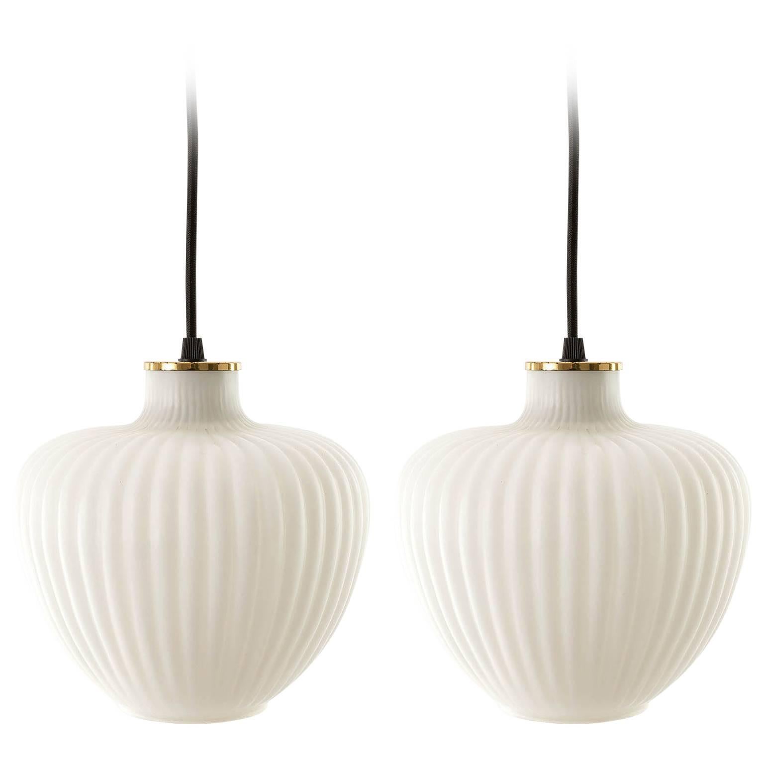 Pair of Pendant Lights, Brass and Opal Glass, 1950s