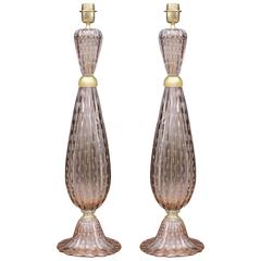 Pair of Mulberry Murano Glass Lamps with Controlled Bubbles by Alberto Dona
