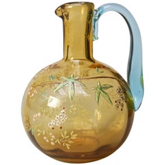 19th Century Victorian Amber Glass Enameled Flower Carafe by Legras