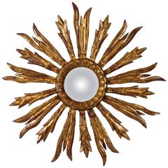 Sculptural Spanish Giltwood Sunburst Mirror in Baroque Style