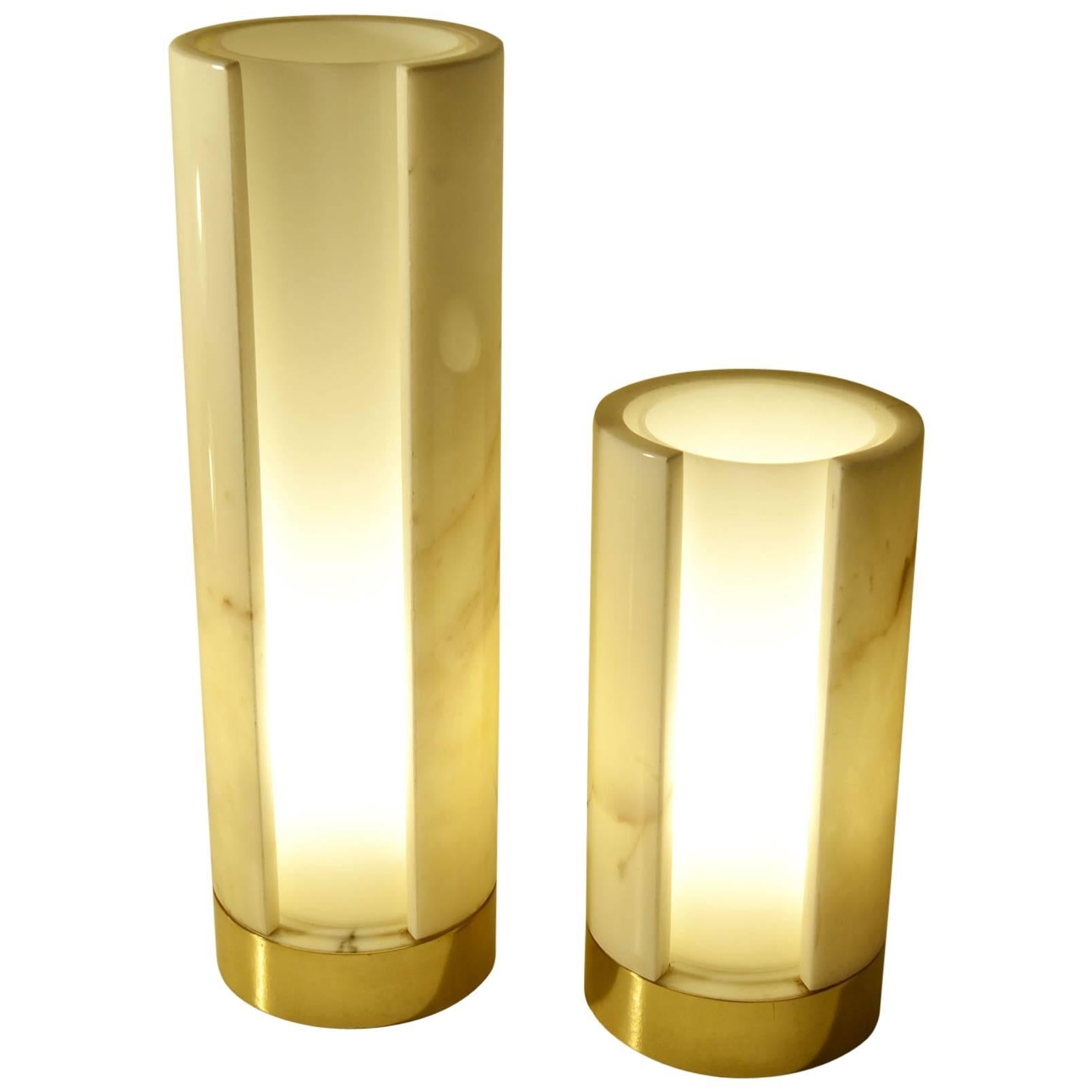 Two Marble Cylindrical Table Lamps on Brass Feet