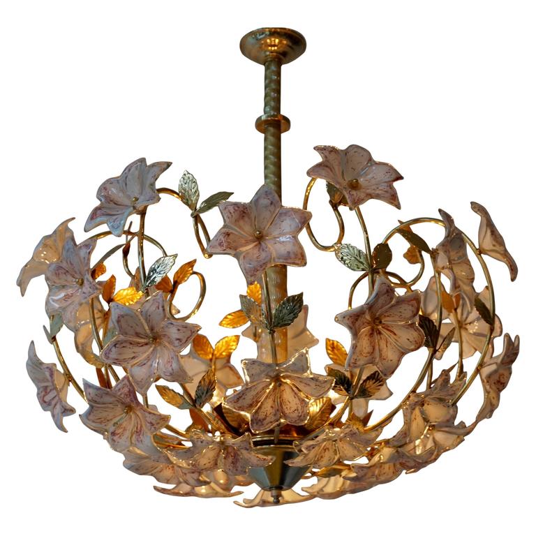 Italian Murano Flower Chandelier with Gold Colored Brass Leaves at 1stDibs