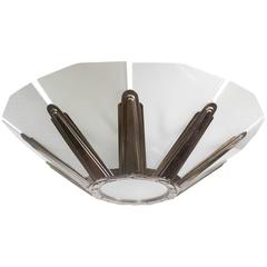 Large French Art Deco Starburst Chandelier, Frosted Glass and Nickeled Bronze
