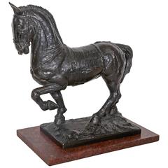 Antique Art Deco Sculpture of a Horse Prancing, Copper Clad on Griotte Marble Base