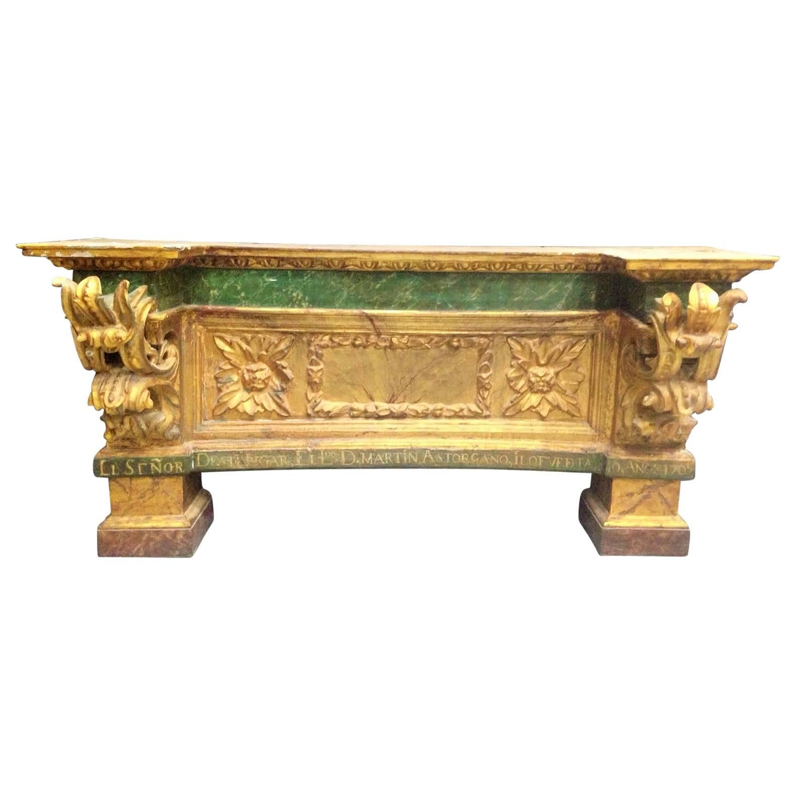 18th Spanish Gilt Altar Console, Original Policrhomed, Signed, Masterpiece