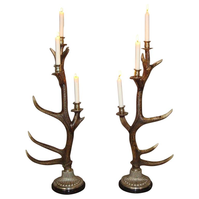 Unusual Large Pair of Antler and Silvered Metal Candlesticks at 1stDibs