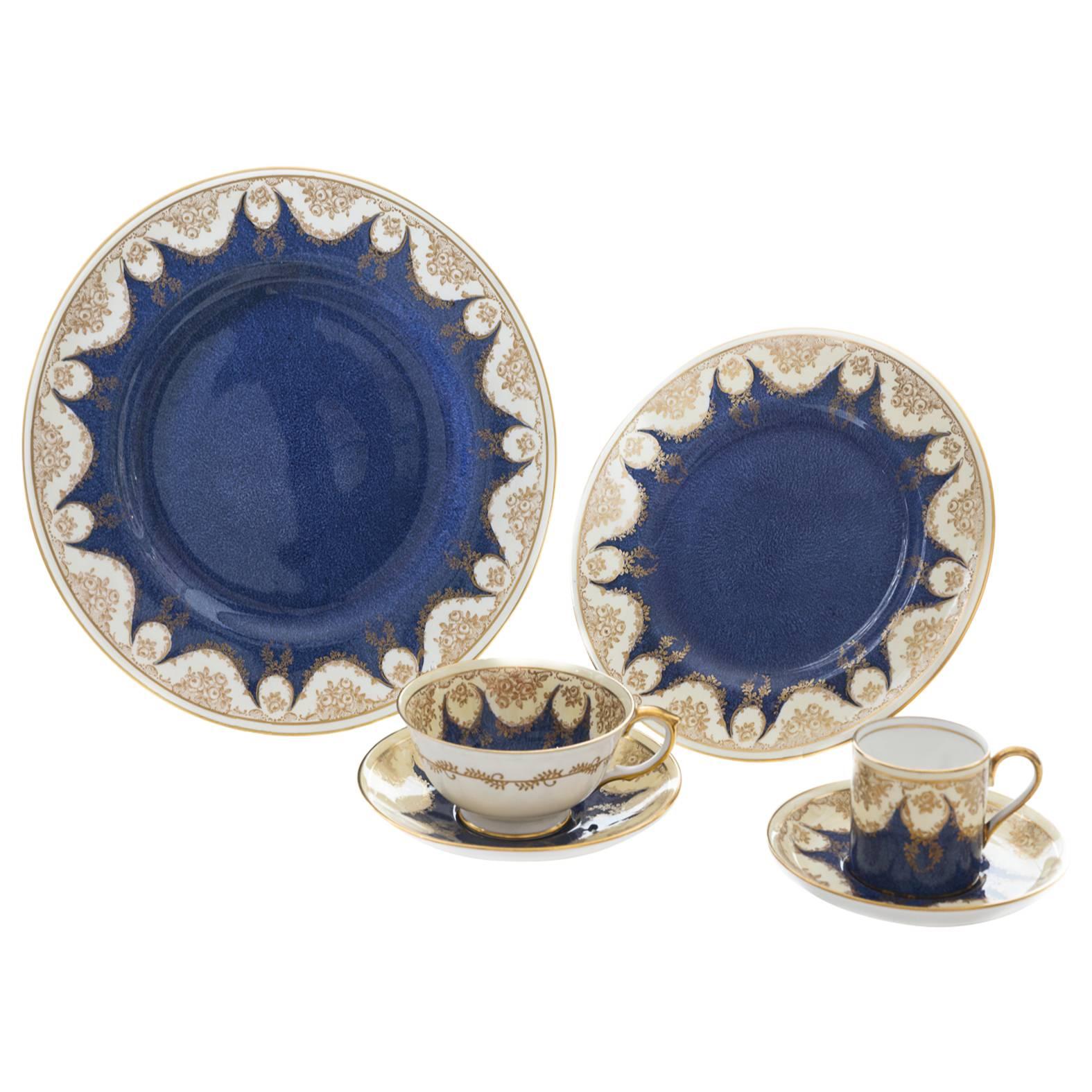 Complete Service for 12, Antique English Crushed Lapis and Gilt Garland