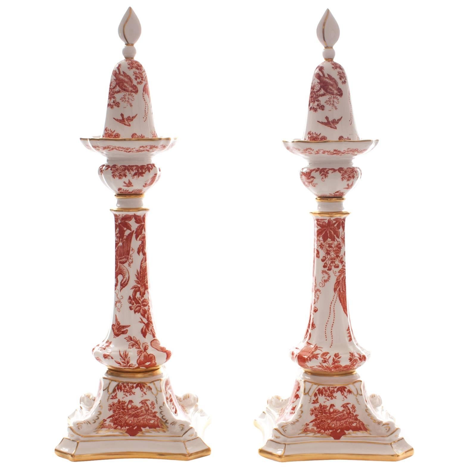 Pair of Royal Crown Derby Candlesticks and Snuffers, "Red Aves" Dolphin Figural
