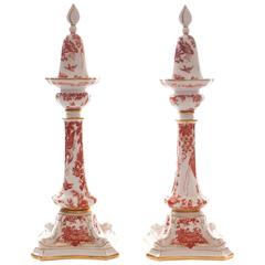 Vintage Pair of Royal Crown Derby Candlesticks and Snuffers, "Red Aves" Dolphin Figural