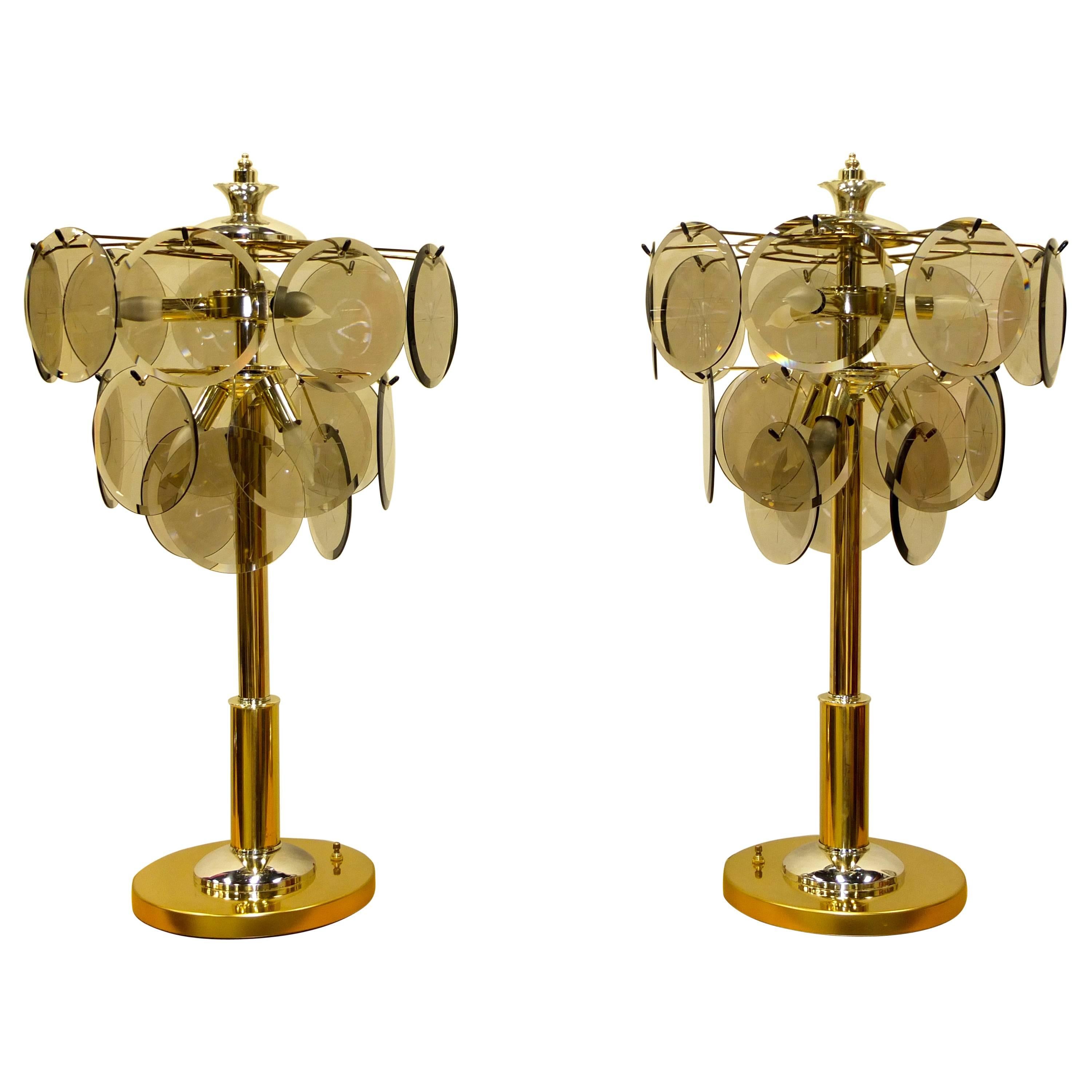 Pair of Brass, Chrome and Smoked Glass Lamps After Vistosi