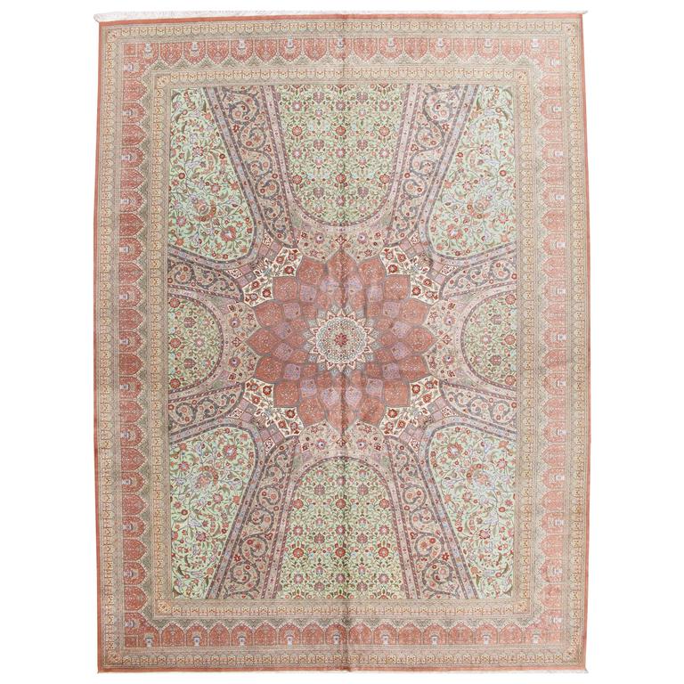 Rare Finely Woven Persian Silk Qum, Handmade Oriental Rug, Green, Pink