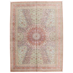 Rare Finely Woven Persian Silk Qum, Handmade Oriental Rug, Green, Pink, Gorgeous