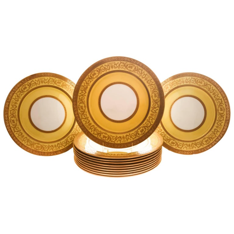 12 Antique English Dinner Plates Yellow and Raised Gold Custom Ordered