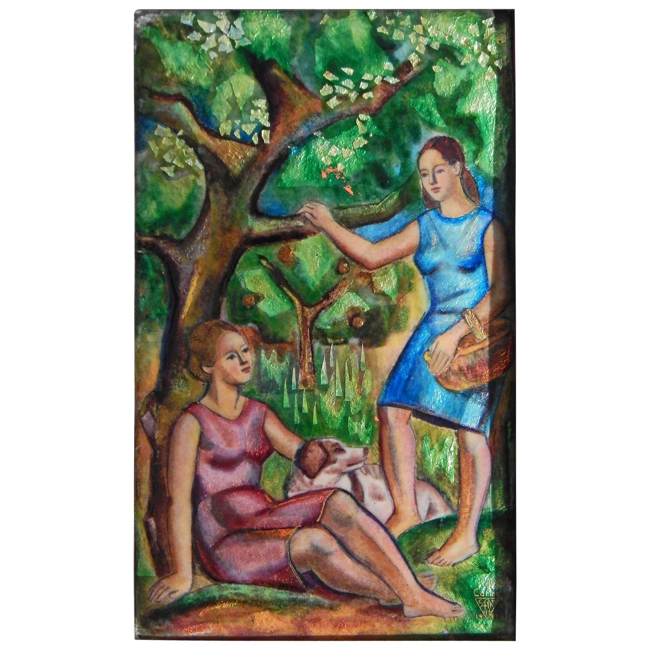 "Under the Apple Tree, " Tour de Force Enamel Painting with Two Women