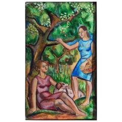 Vintage "Under the Apple Tree, " Tour de Force Enamel Painting with Two Women