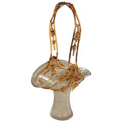 Antique French Bronze Ormolu Ribbon Handle Basket Putti Fluted Crystal Insert