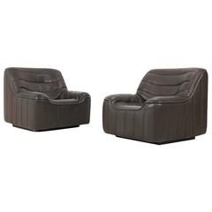 Pair of De Sede DS 84 Buffalo Leather Lounge Chairs Dark Brown, 1970s