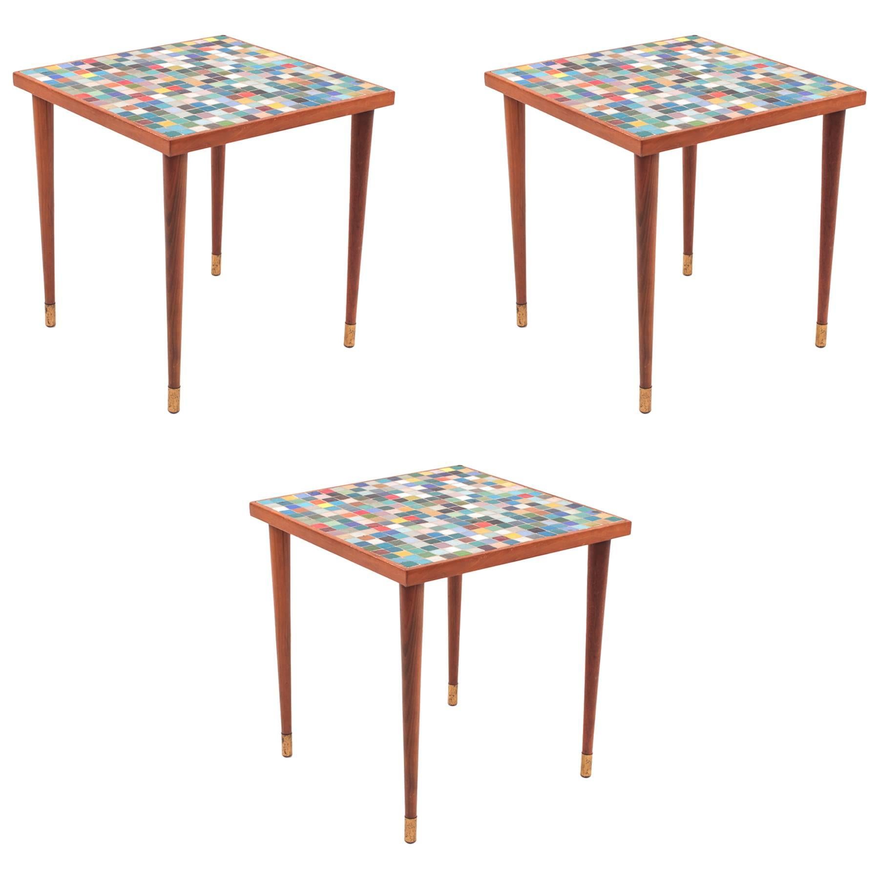 Three Walnut Brass and Mosaic Glass Side Tables
