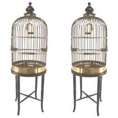 Pair of Decorative Antique English Rolled Brass Wire Parrot Cages, circa 1845