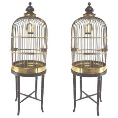 Pair of Decorative Used English Rolled Brass Wire Parrot Cages, circa 1845