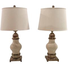Vintage Impressive Pair of Mid-Century Ceramic and Brass Table Lamps, by Stiffel