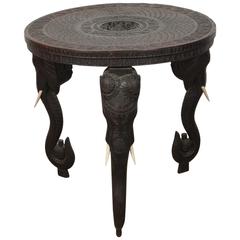 Antique Anglo Raj Carved Side Table with Elephant Heads