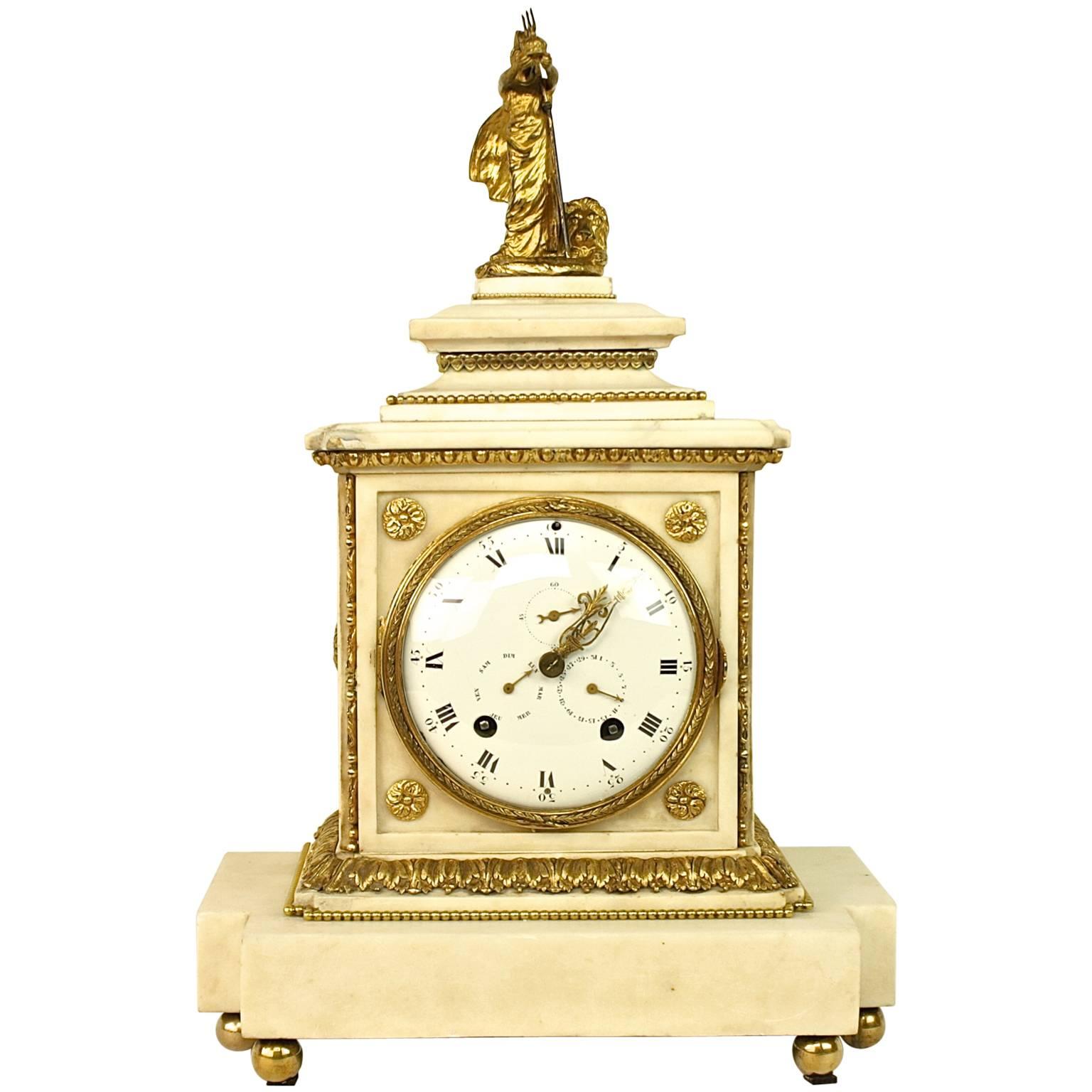 Large 18th Century French Louis XVI White Marble Mantel Clock with Pallas Athena For Sale