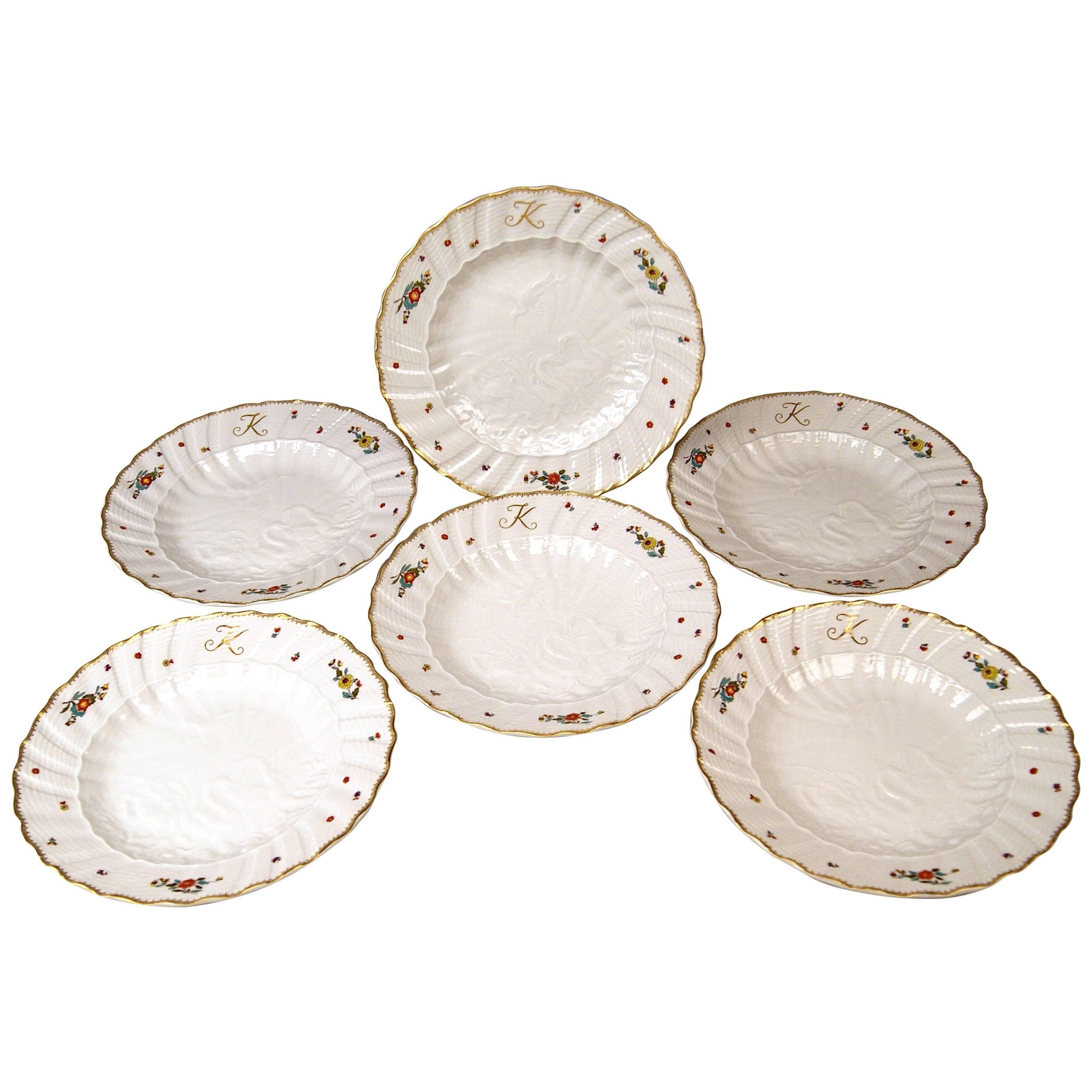 Meissen Dinner Plates Set B for Six Persons Swan Decor by Kaendler, 20th Century
