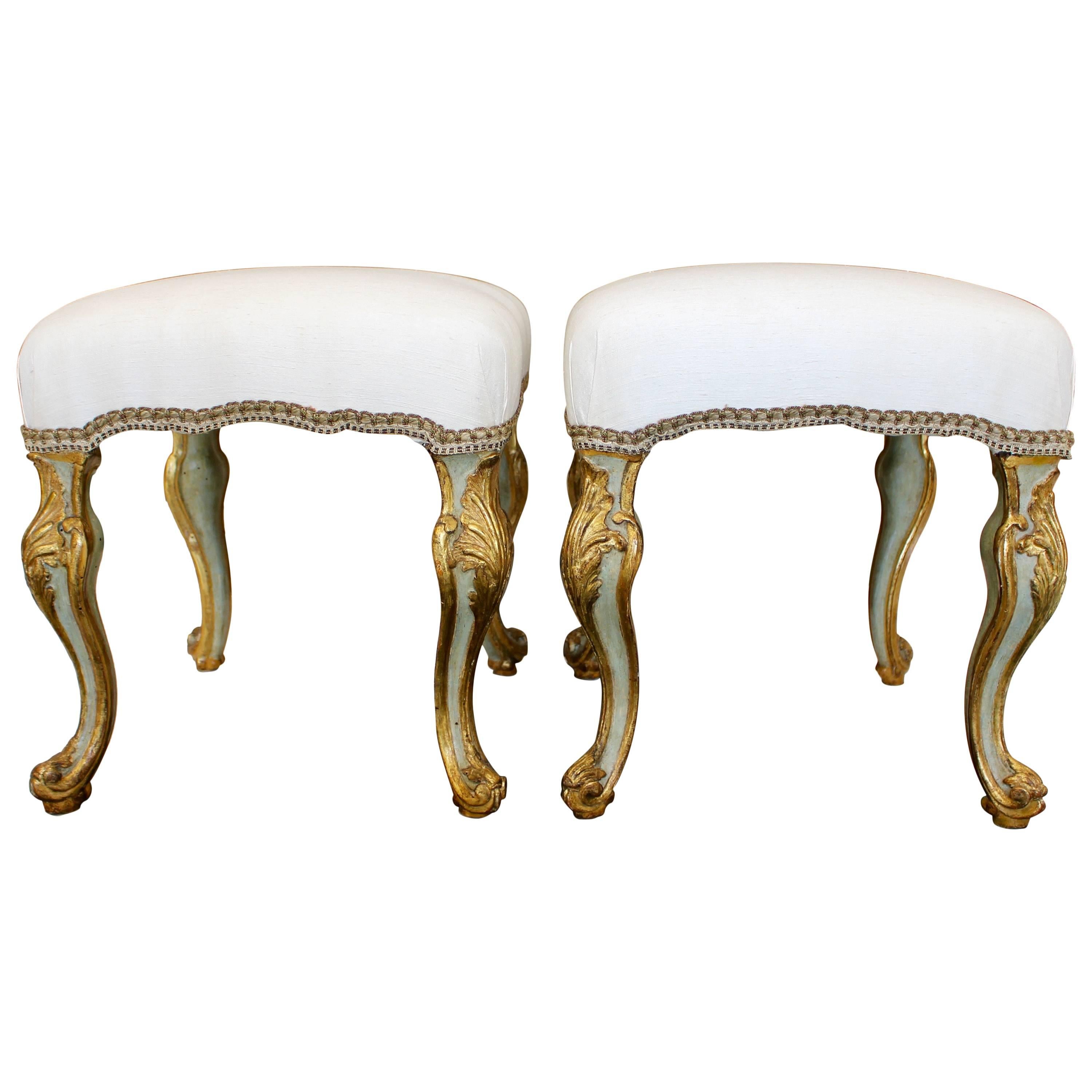 Pair of 1750s Italian Piedmontese Rococo Blue-Painted and Parcel-Gilt Stools
