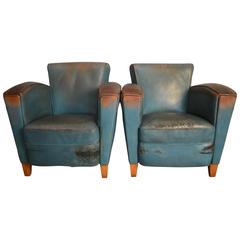 "Jazz Age" Blue Leather Club Chairs Perfectly Worn like Your Favorite Blue Jeans