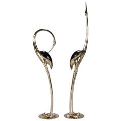 Pair of Monumental Midcentury Solid Brass Cranes