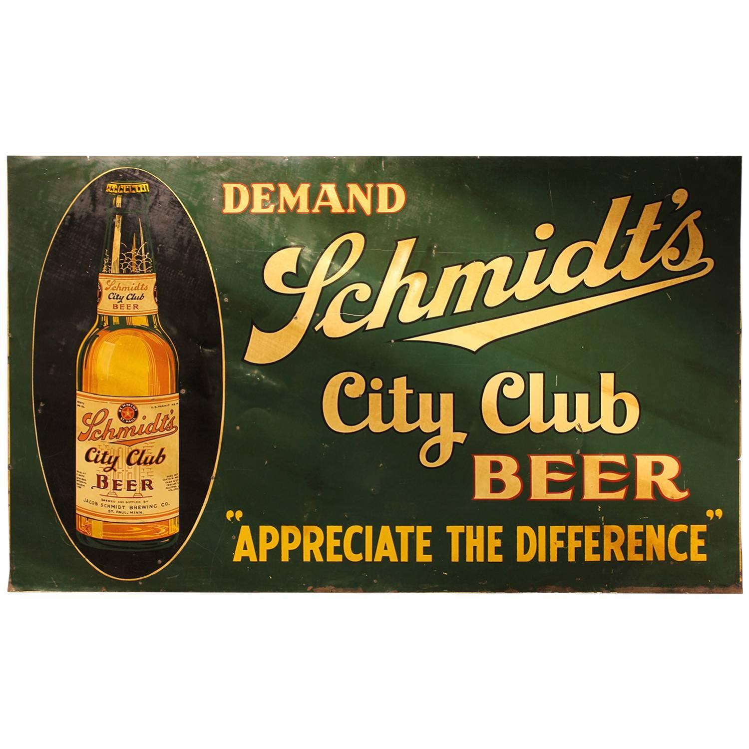 Large 1930s American Tin Advertising Sign "City Club Beer"