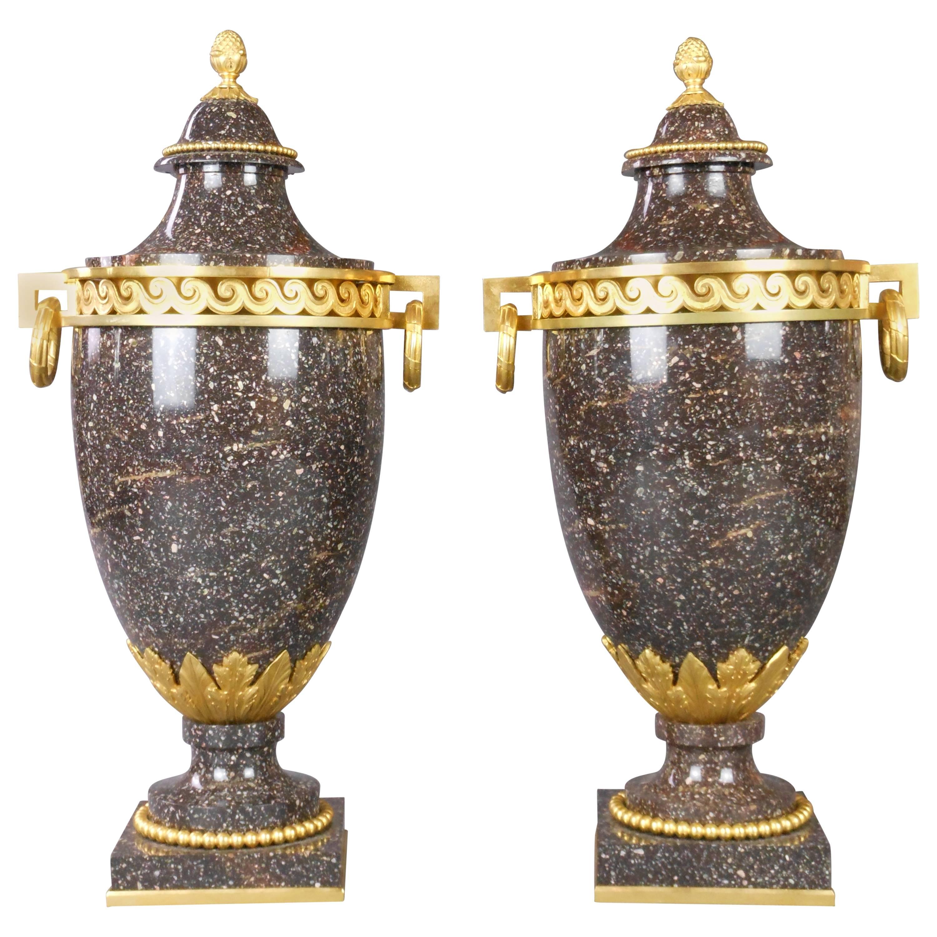 Swedish Pair of Neoclassical Gilt Bronze Porphyry Urns For Sale