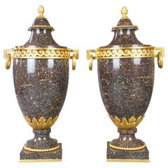 Swedish Pair of Neoclassical Gilt Bronze Porphyry Urns