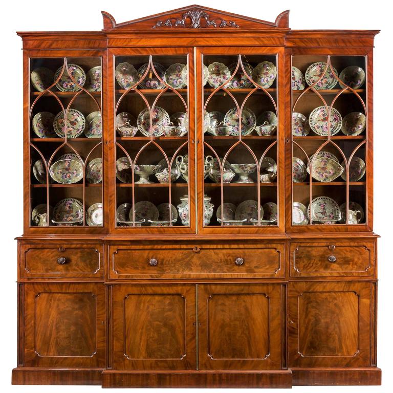 Regency Mahogany Library Breakfront Secretaire Bookcase Attributed To