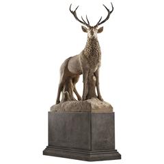 Large Sculpted Limestone and Antler Mounted Model of a Stag