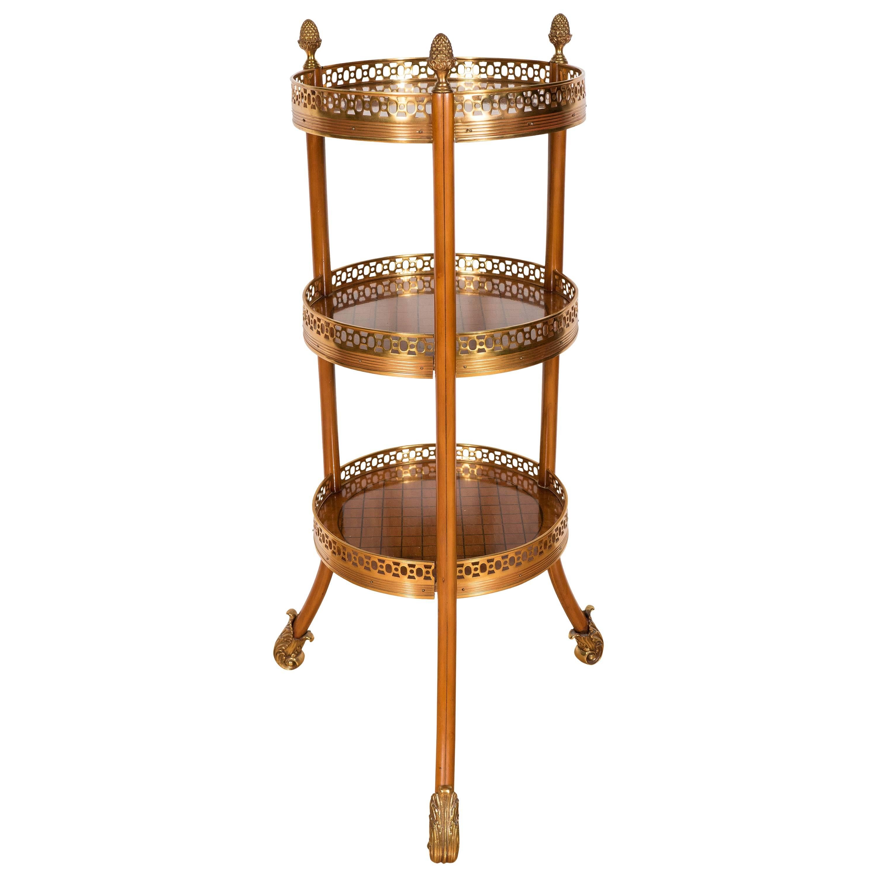  Elegant Three-Tiered Table in Amboyna Wood with Gilded Brass Cage and Accent