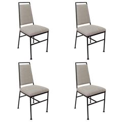Set of Four Midcentury Steel Side Chairs with Charcoal, Ivory Striped Upholstery