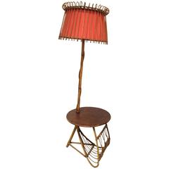 French Bamboo Floor Lamp with Rafia Top Tablet and Magazine Rack 1