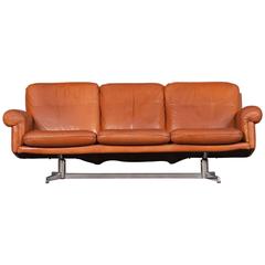 Swiss Three-Seater Sofa in Caramel Leather with Steel Base by De Sede, 1960s