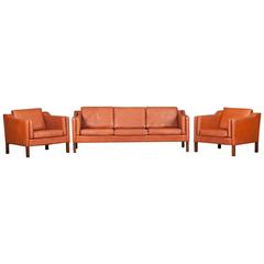 Retro Three-Piece Danish Sofa and Armchair Suite in Caramel Leather, 1960s