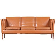 Retro Danish Three-Seater Dark Mustard Leather Sofa, 1960s