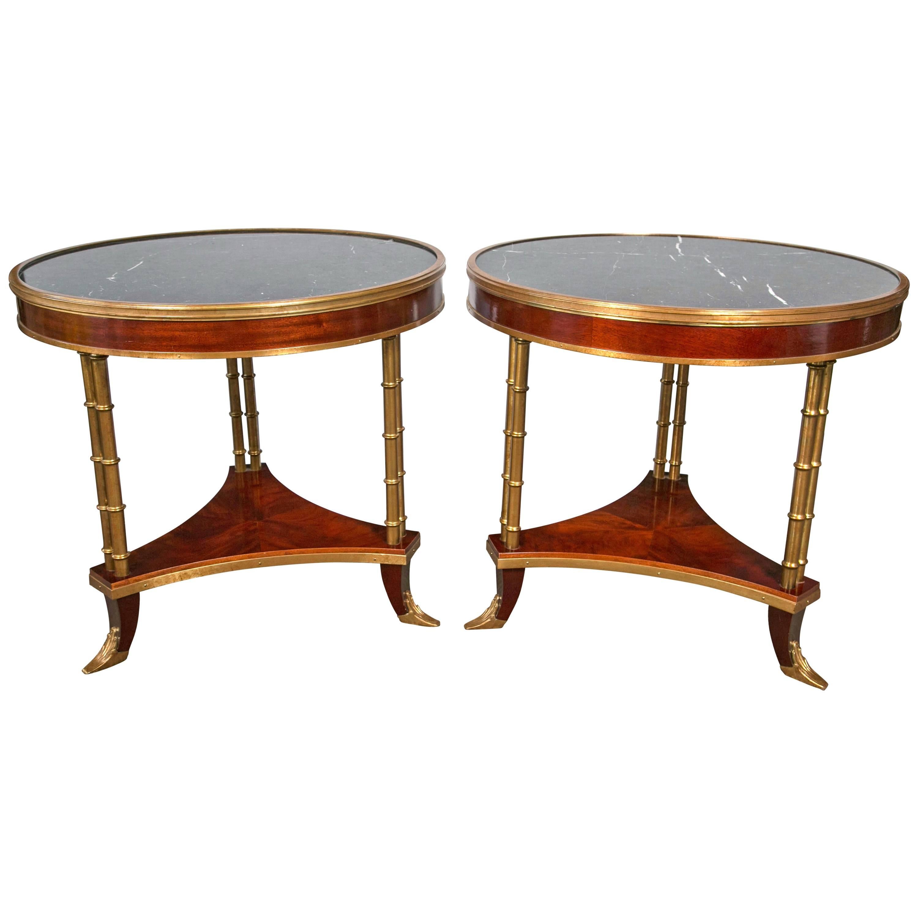 Pair of Maison Jansen Style Marble-Top Bamboo Form Bouillotte Tables