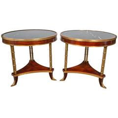 Pair of Maison Jansen Style Marble-Top Bamboo Form Bouillotte Tables