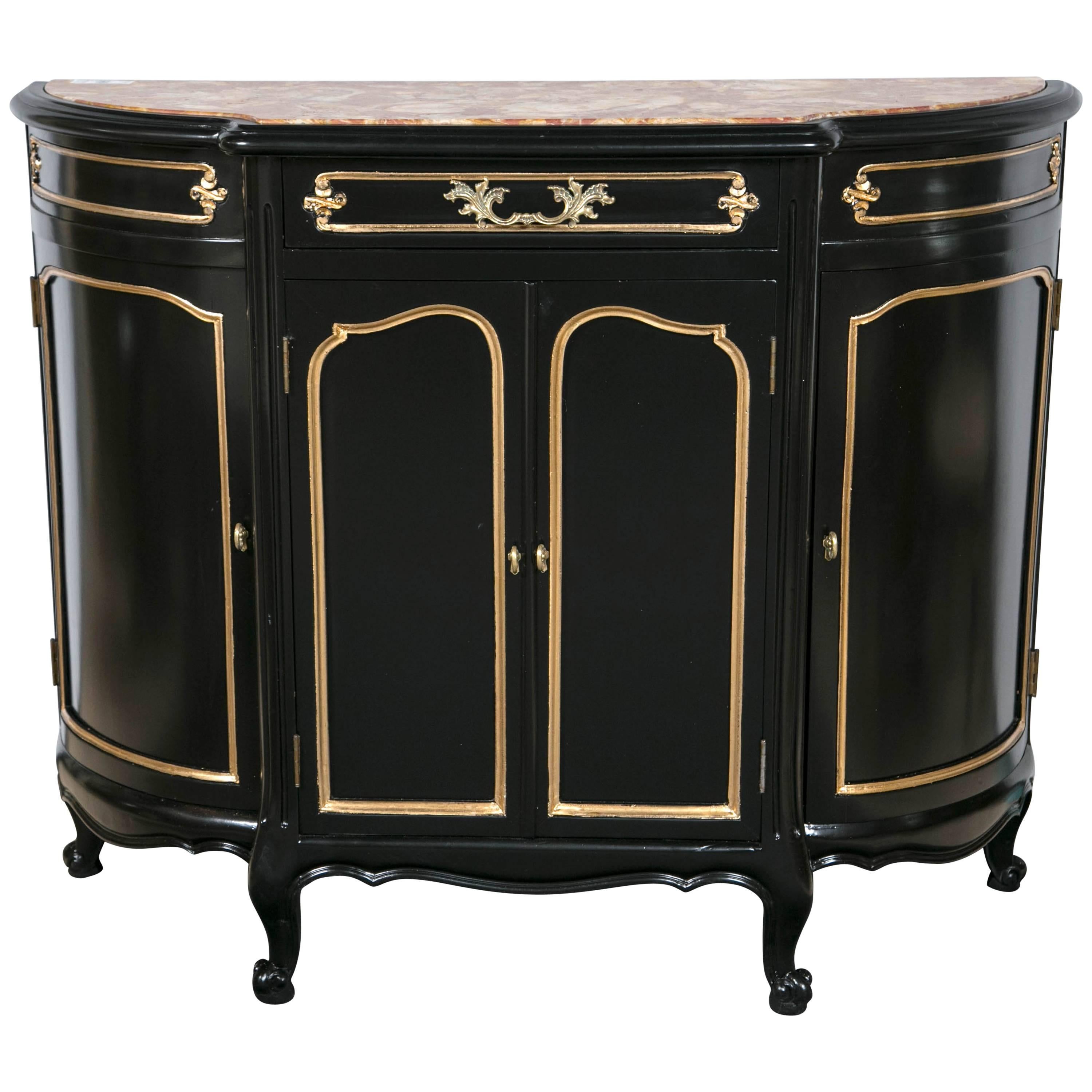 Ebonized Marble Louis XV Style Top Demilune Cabinet
