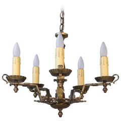 Antique English Tudor 1920s Brass Five-Light Chandelier