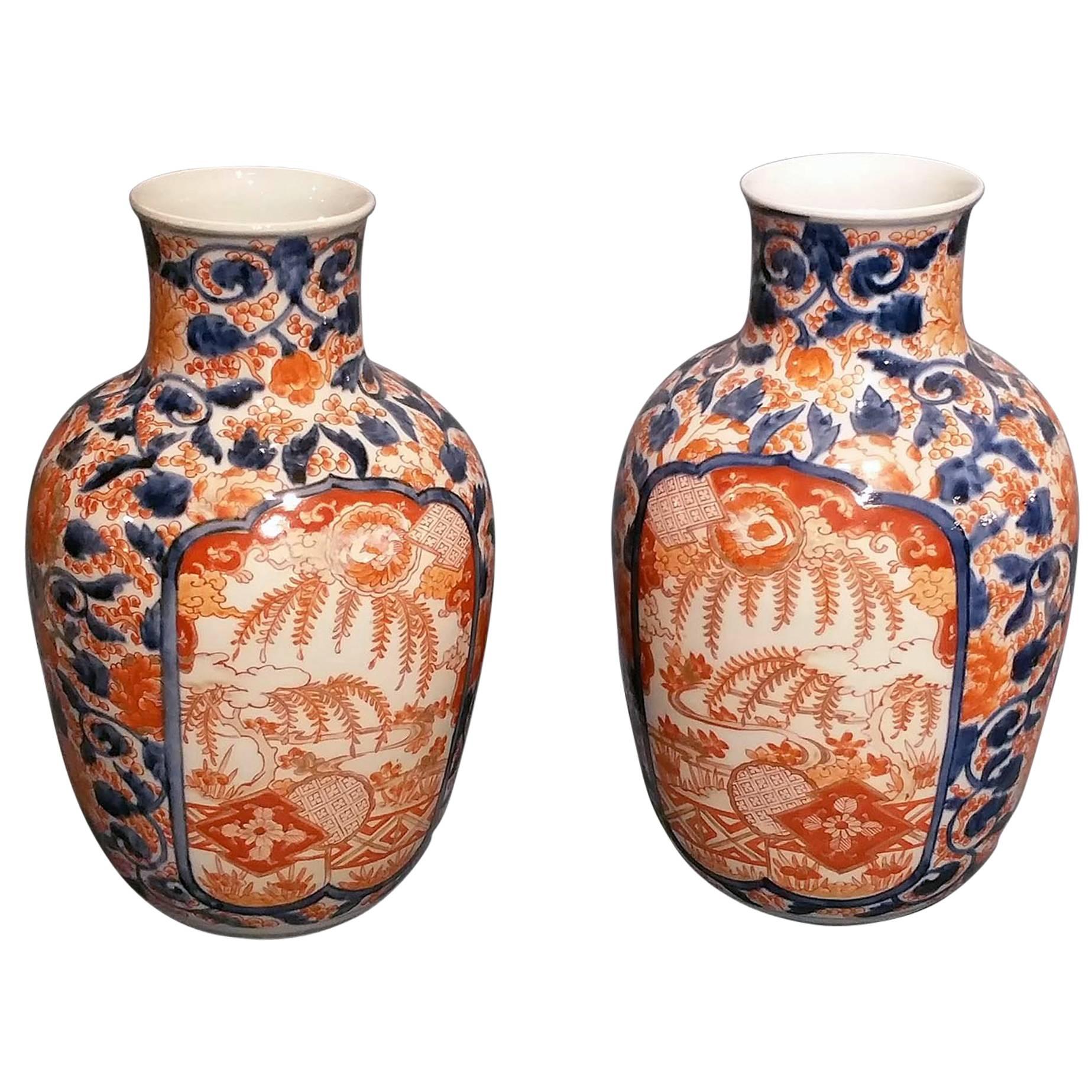Pair of Long Neck Imari Vases