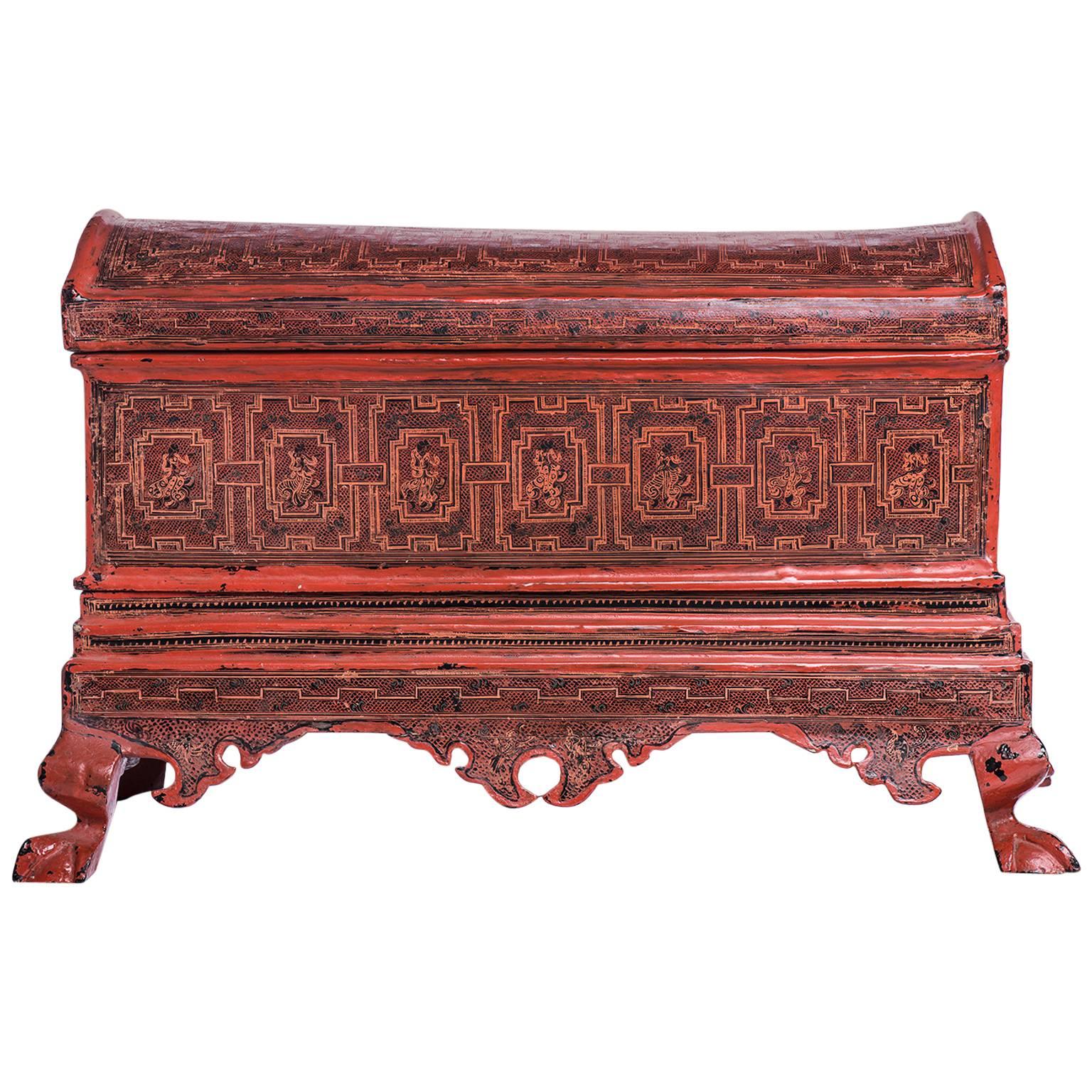 Burmese  Lacquered and Engraved Wooden Box For Sale